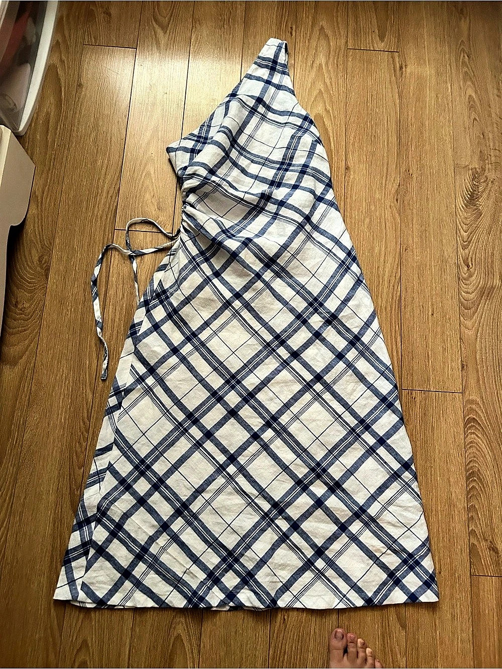 Madewell Ruched One-Shoulder Linen Midi Dress White & Blue